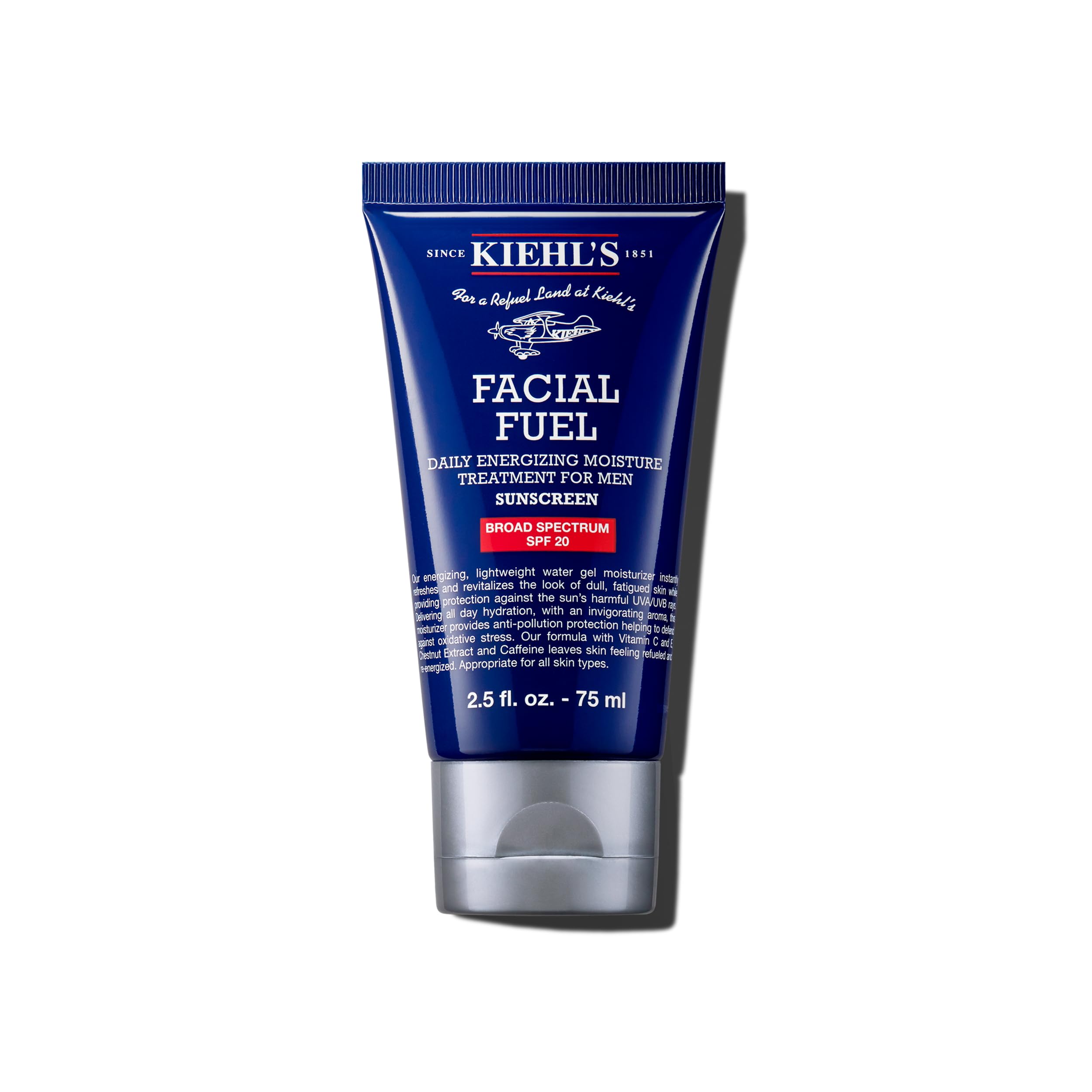 Kiehl's Facial Fuel SPF 20 bottle delivering energizing hydration for dull skin.