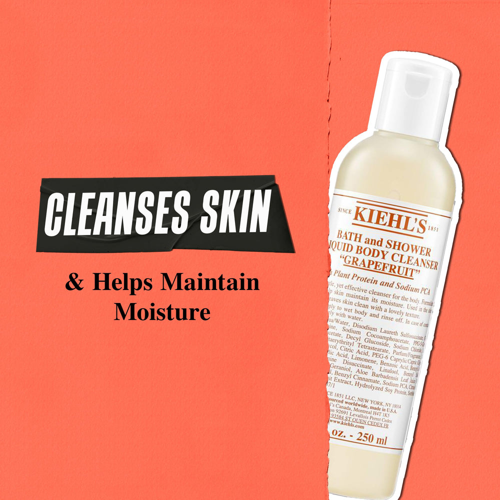Kiehl's Grapefruit bottle with pump on shower shelf for easy daily use.