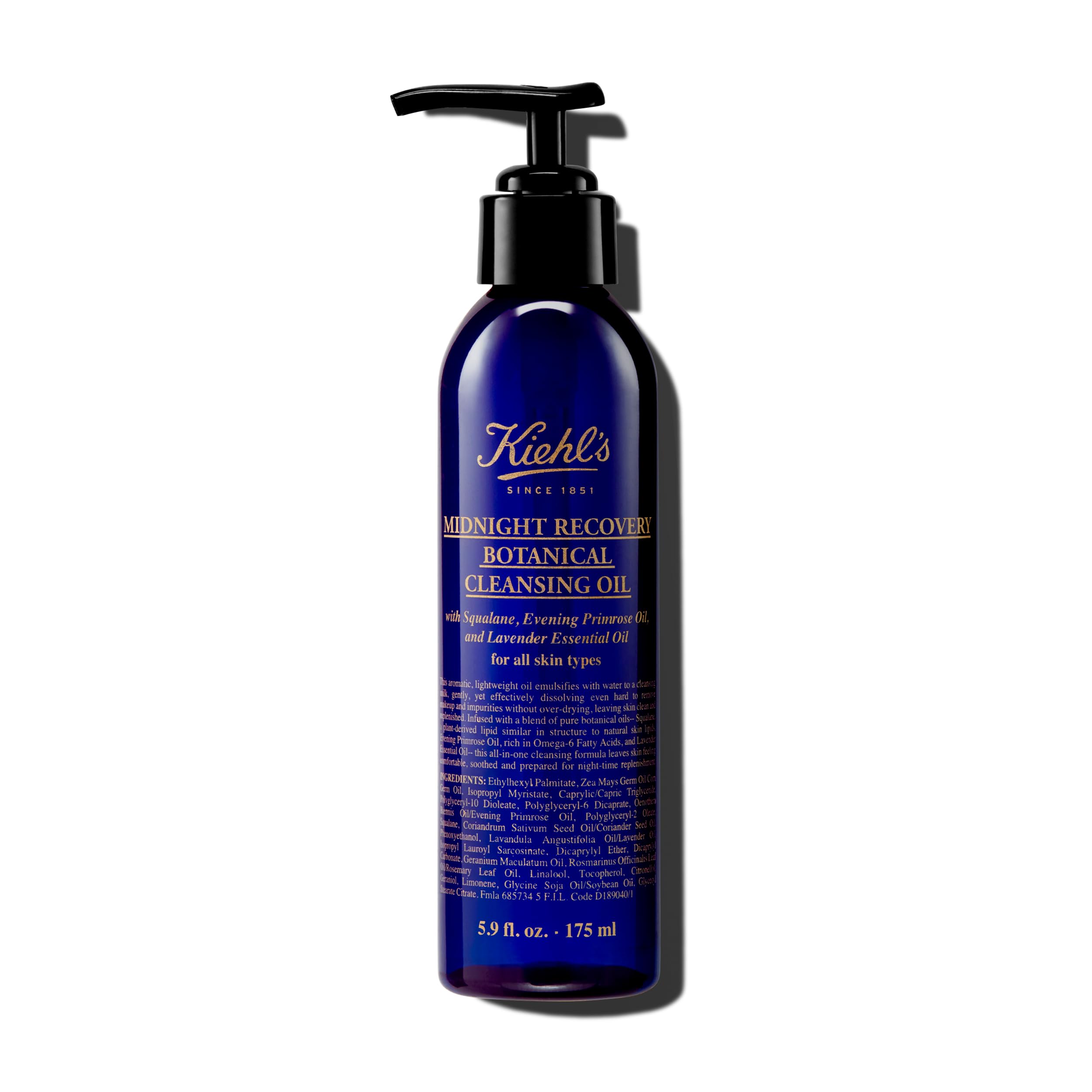 Kiehl's Midnight Recovery Botanical Cleansing Oil bottle with pump for makeup removal