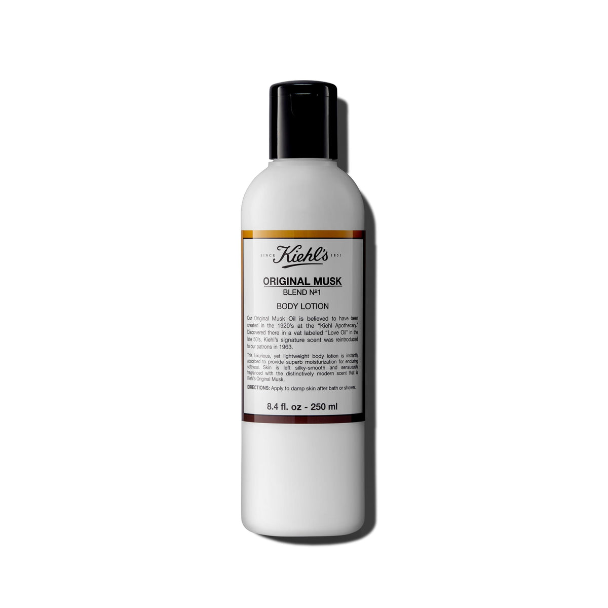 Kiehl's Original Musk Lotion bottle close-up showing lightweight moisture for silky skin.