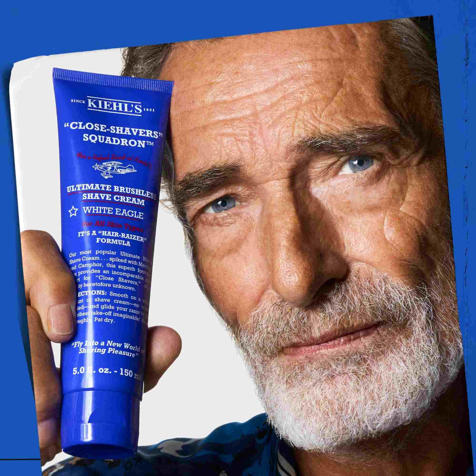 Kiehl's Ultimate Brushless Shave Cream morning routine scene suggests refreshing start.