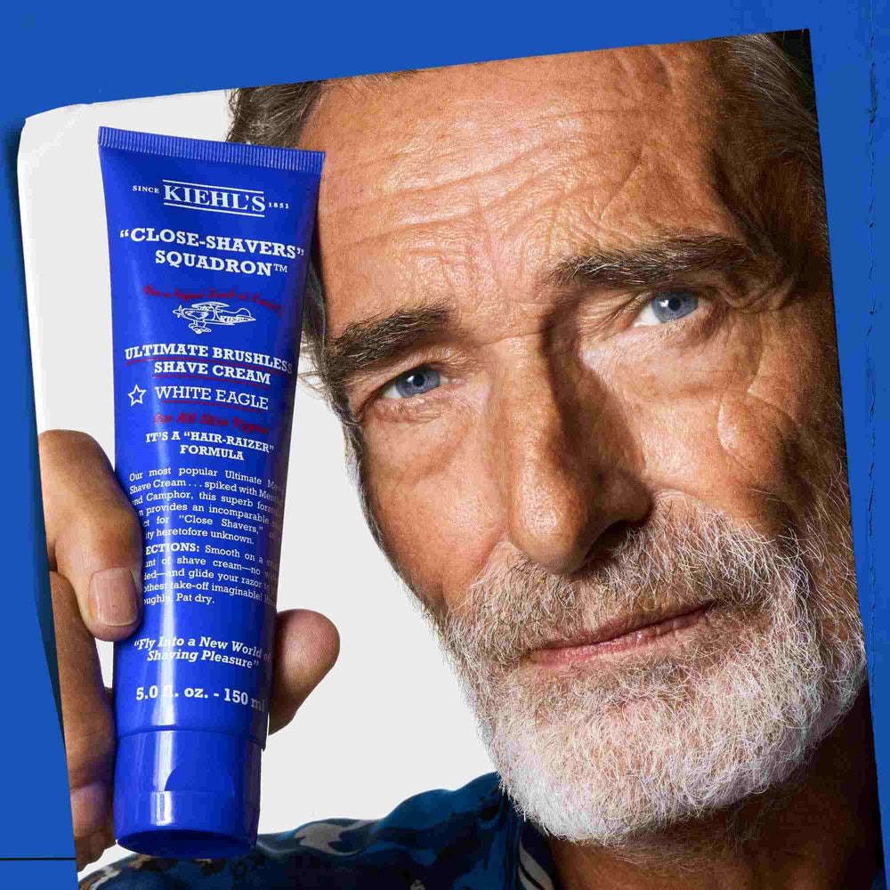 Kiehl's Ultimate Brushless Shave Cream morning routine scene suggests refreshing start.