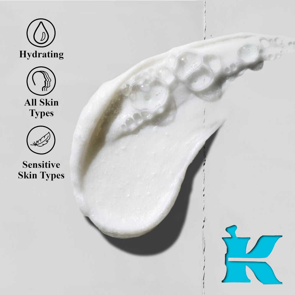 Cream-to-foam texture of Kiehl's cleanser showing soothing makeup removal without soap.