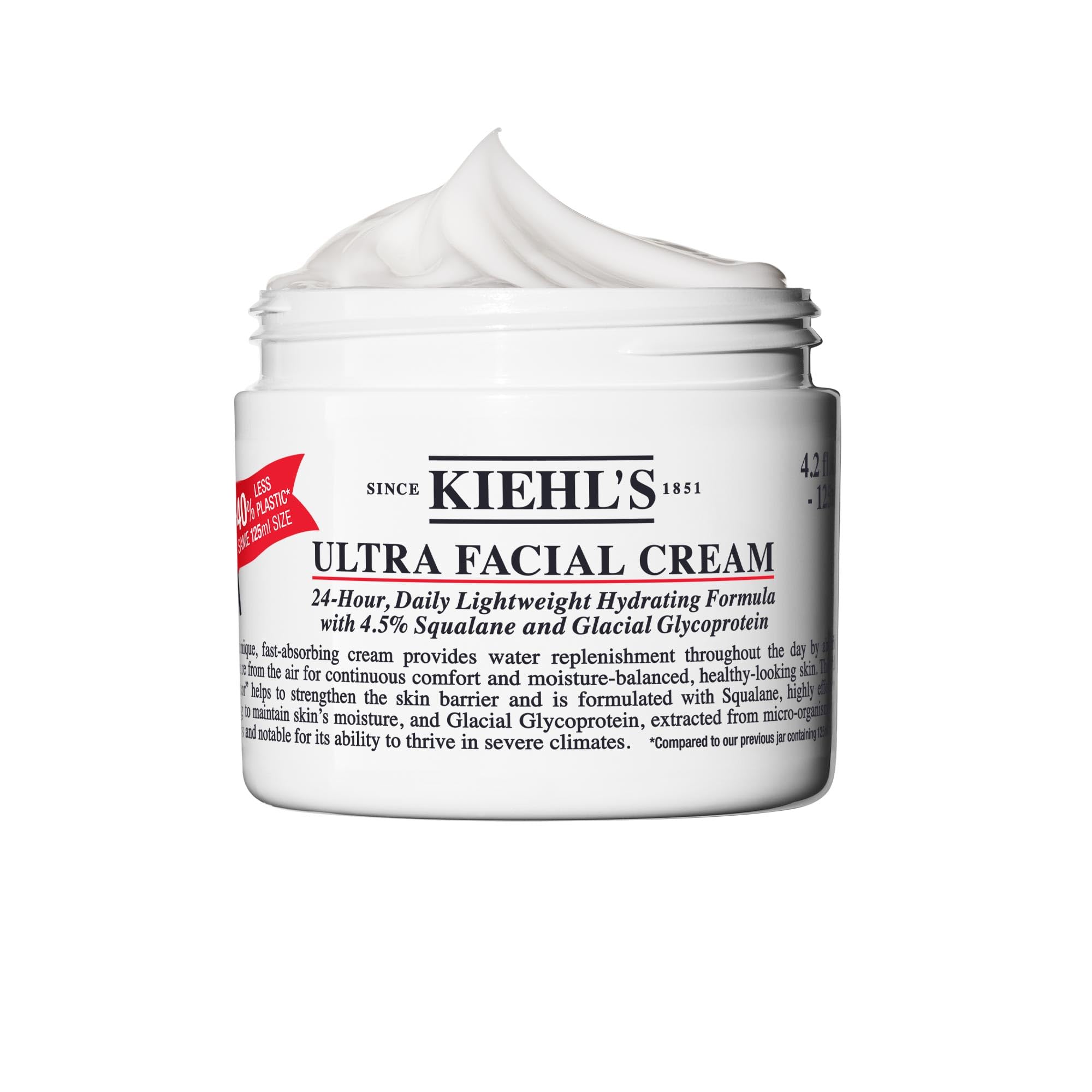 Kiehl's Ultra Facial Cream bottle close-up highlighting 4.5% Squalane for hydration.