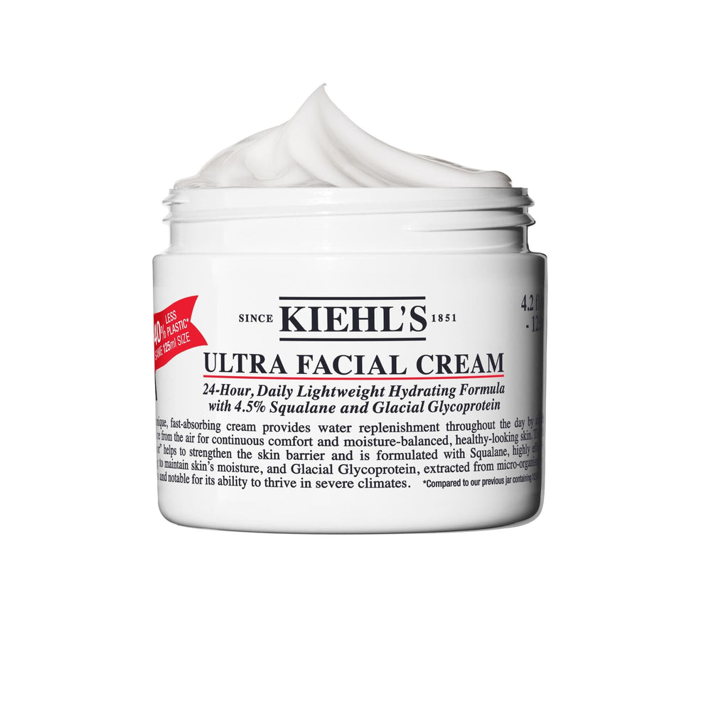 Kiehl's Ultra Facial Cream bottle close-up highlighting 4.5% Squalane for hydration.