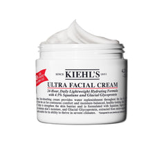Kiehl's Ultra Facial Cream bottle close-up highlighting 4.5% Squalane for hydration.