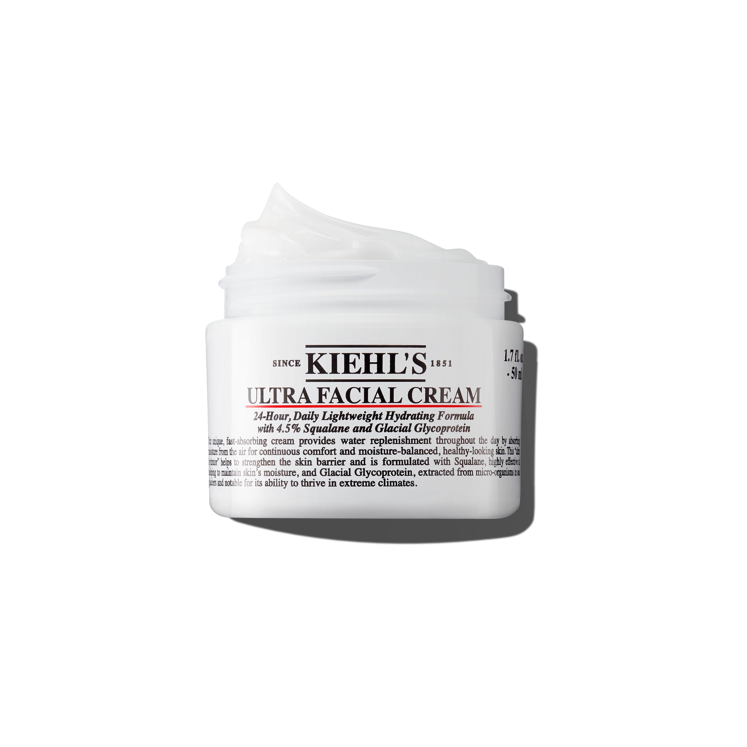 Kiehl's Ultra Facial Cream bottle closeup highlighting premium packaging and long-lasting hydration.
