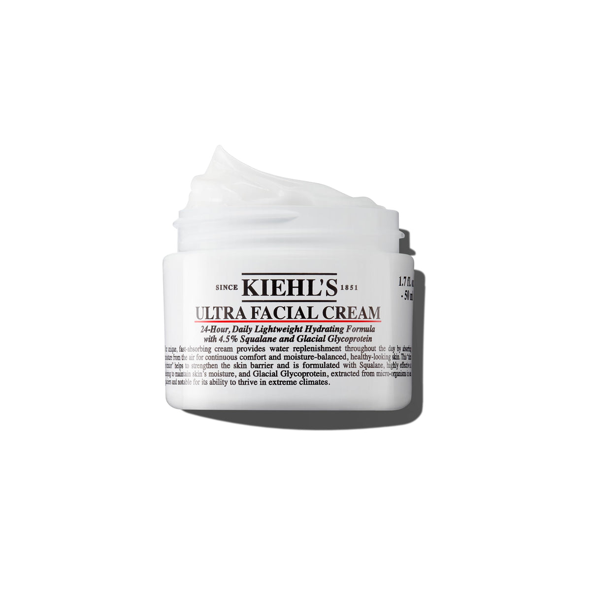 Kiehl's Ultra Facial Cream bottle closeup highlighting premium packaging and long-lasting hydration.