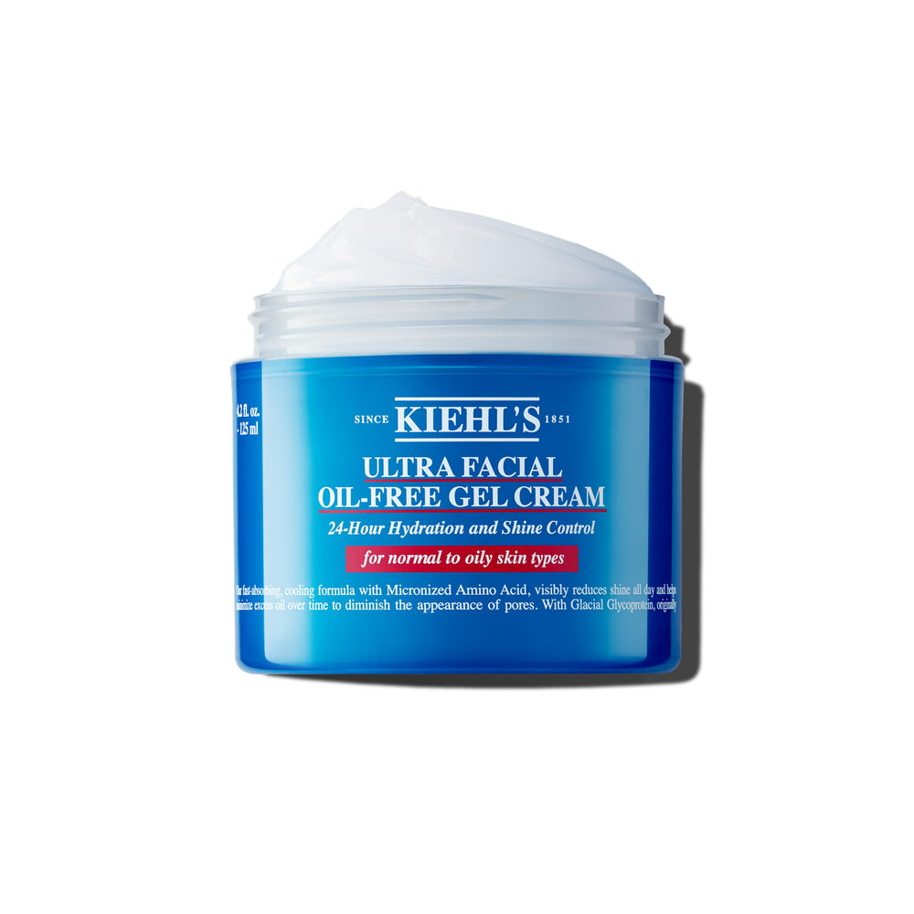 Kiehl's Ultra Facial Oil-Free Moisturizer bottle showing oil-free hydration for busy mornings