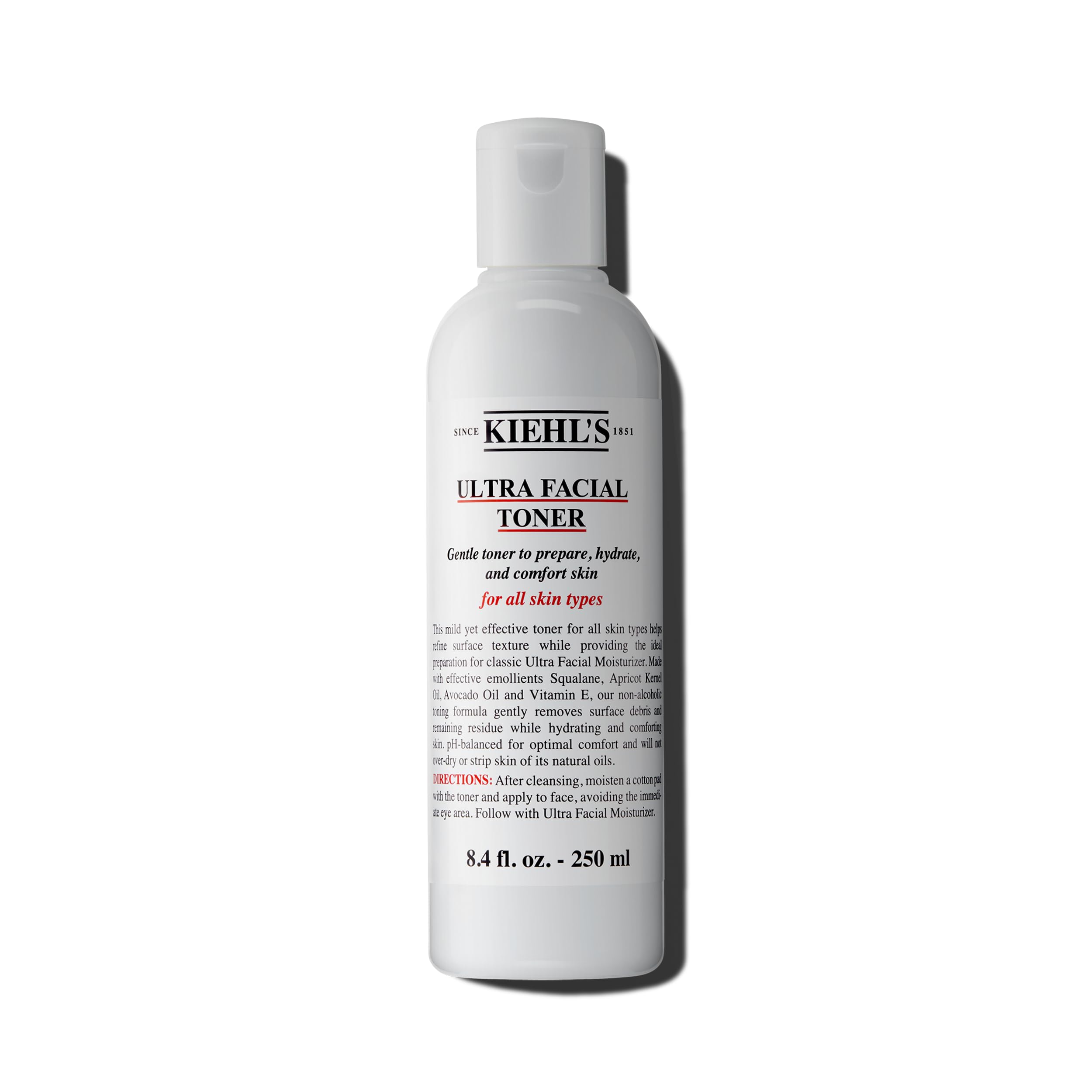 Kiehl's Ultra Facial Toner bottle close-up showing gentle hydration for all skin types.
