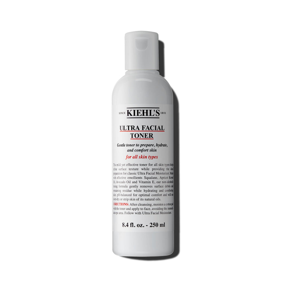 Kiehl's Ultra Facial Toner bottle close-up showing gentle hydration for all skin types.