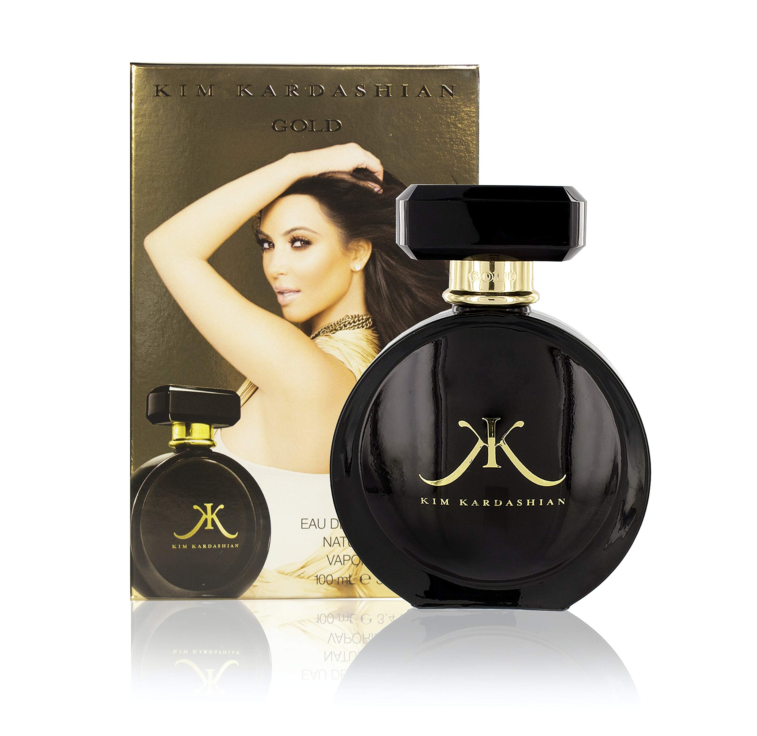 Kim Kardashian Gold EDP bottle front with gold detailing for timeless glamour.