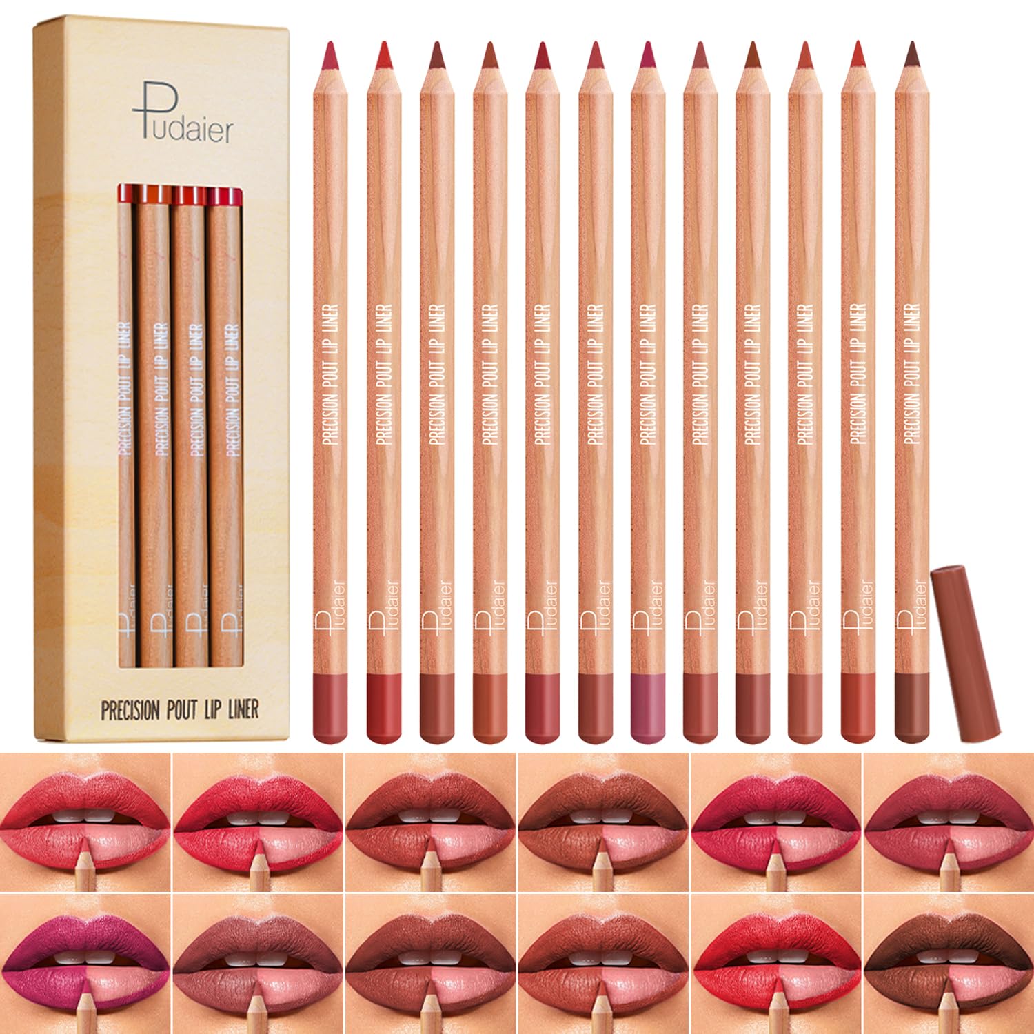 KIMIEYE 12-color lip liner set packaging shown for daily glam
