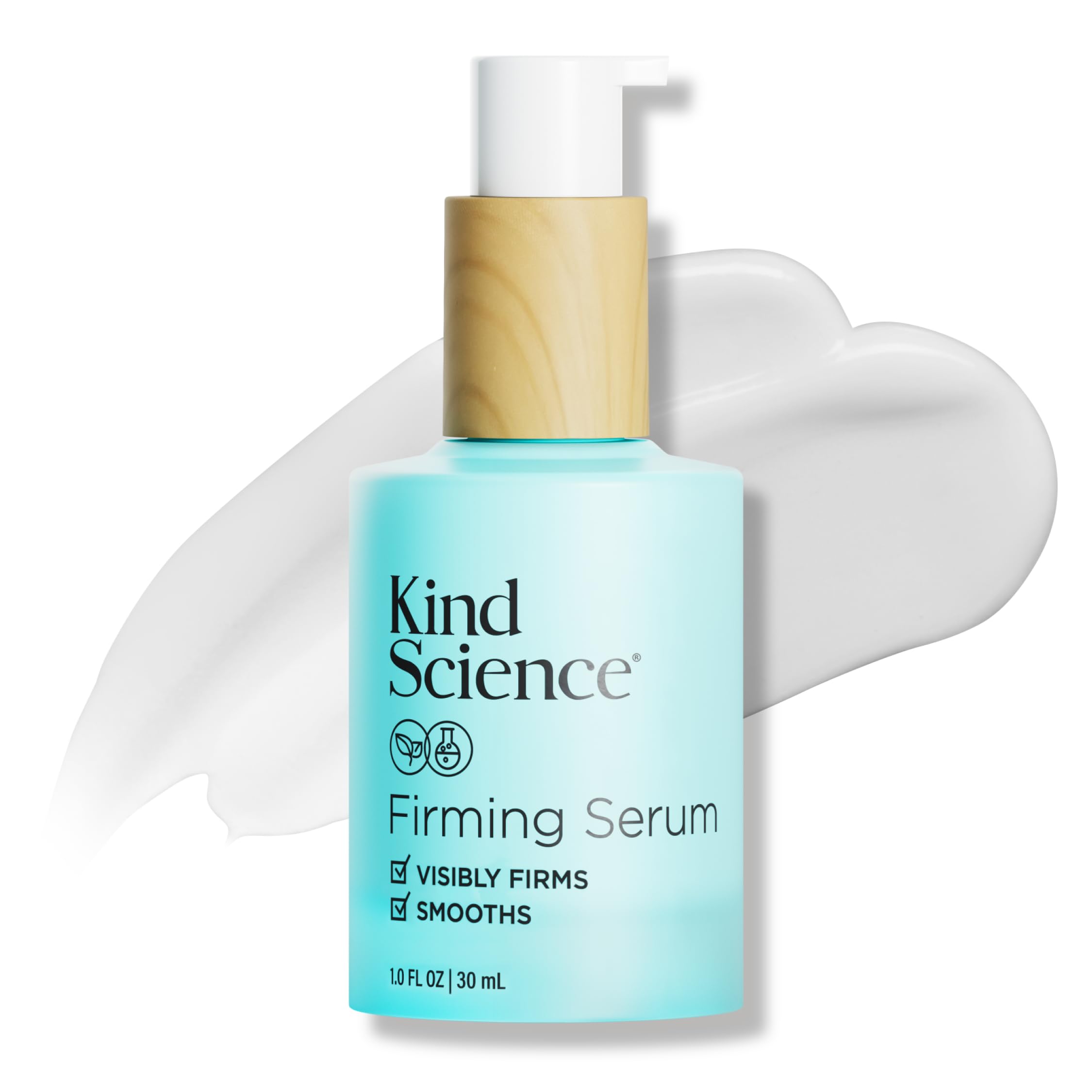 Kind Science Firming Serum bottle closeup, fragrance-free formula for sensitive skin.