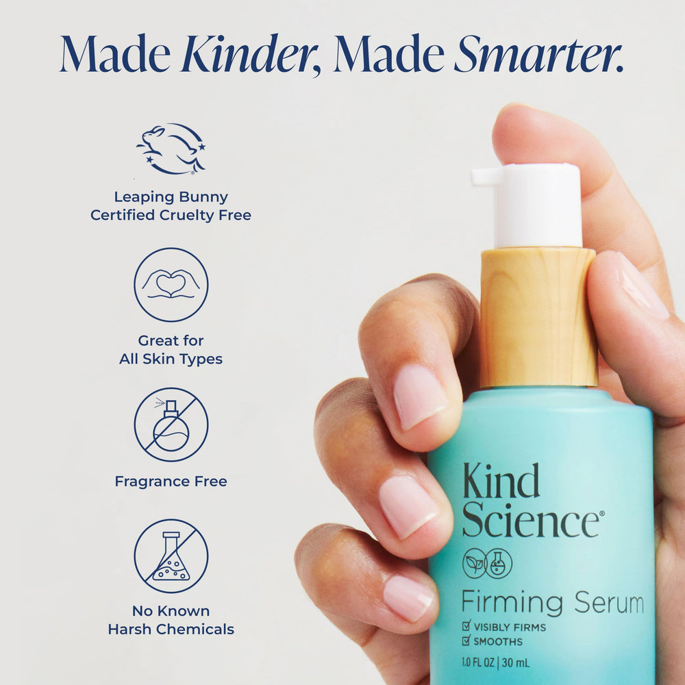 Kind Science Firming Serum application on face and neck for hydration.