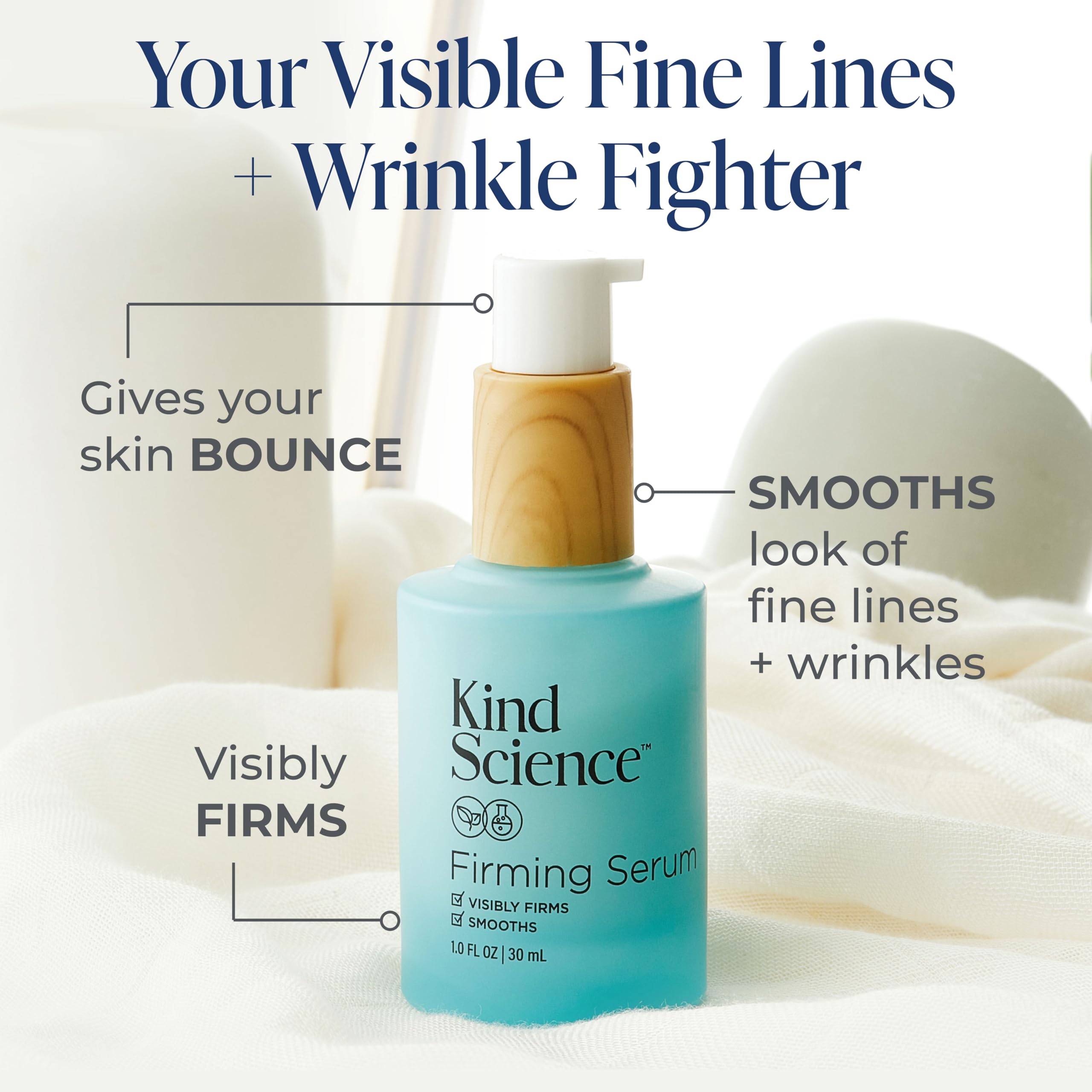 Kind Science Firming Serum pump dispenser demonstrates easy, lightweight daily application.