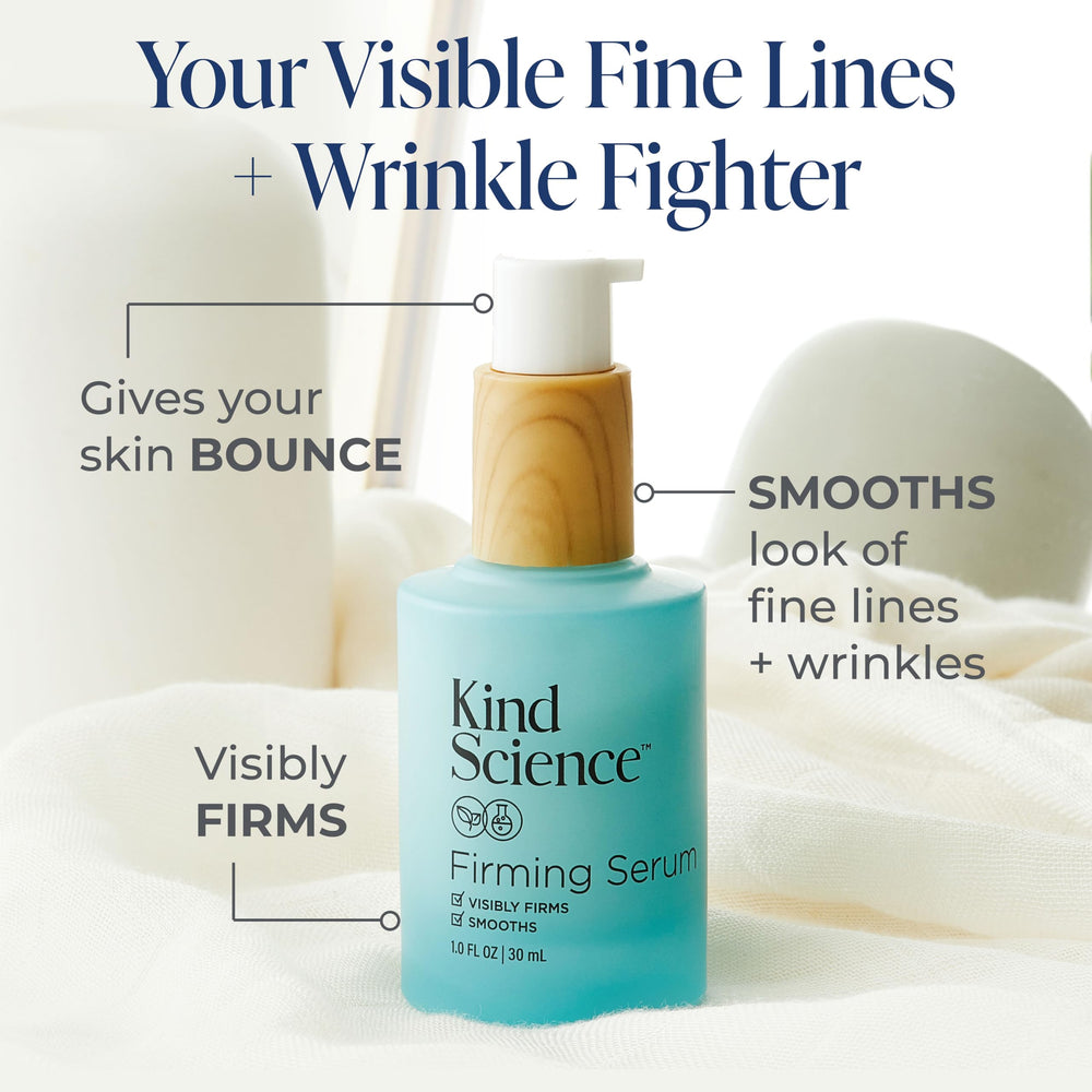 Kind Science Firming Serum pump dispenser demonstrates easy, lightweight daily application.
