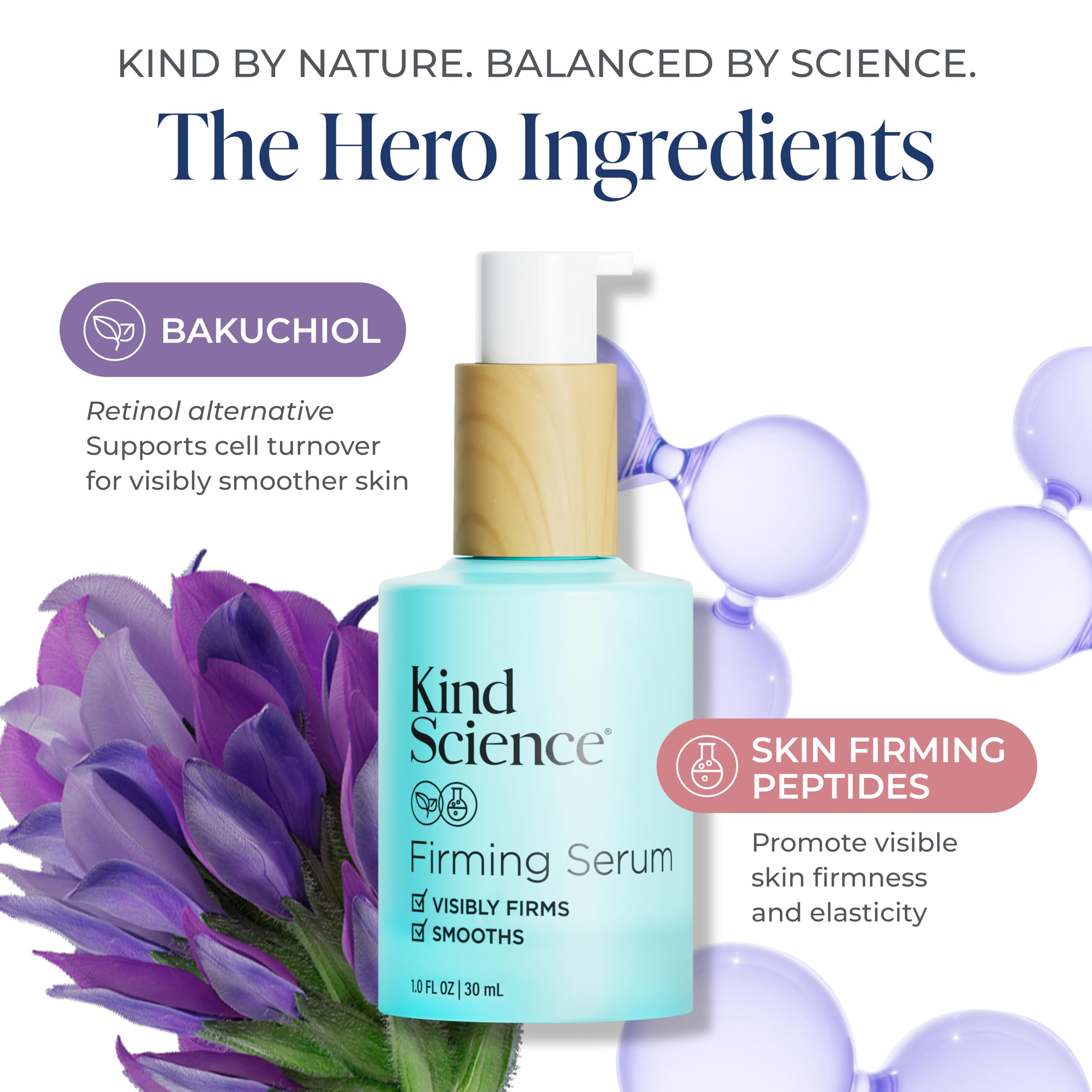Kind Science Firming Serum texture swatch highlighting smooth, absorbent gel.
