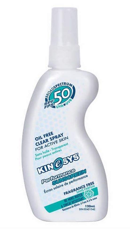 KINeSYS fragrance-free clear spray sunscreen pump offers quick, even coverage for outdoor workouts.