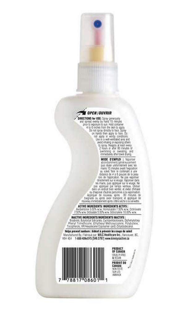 KINeSYS fragrance-free clear spray sunscreen fast-drying formula for face and body.