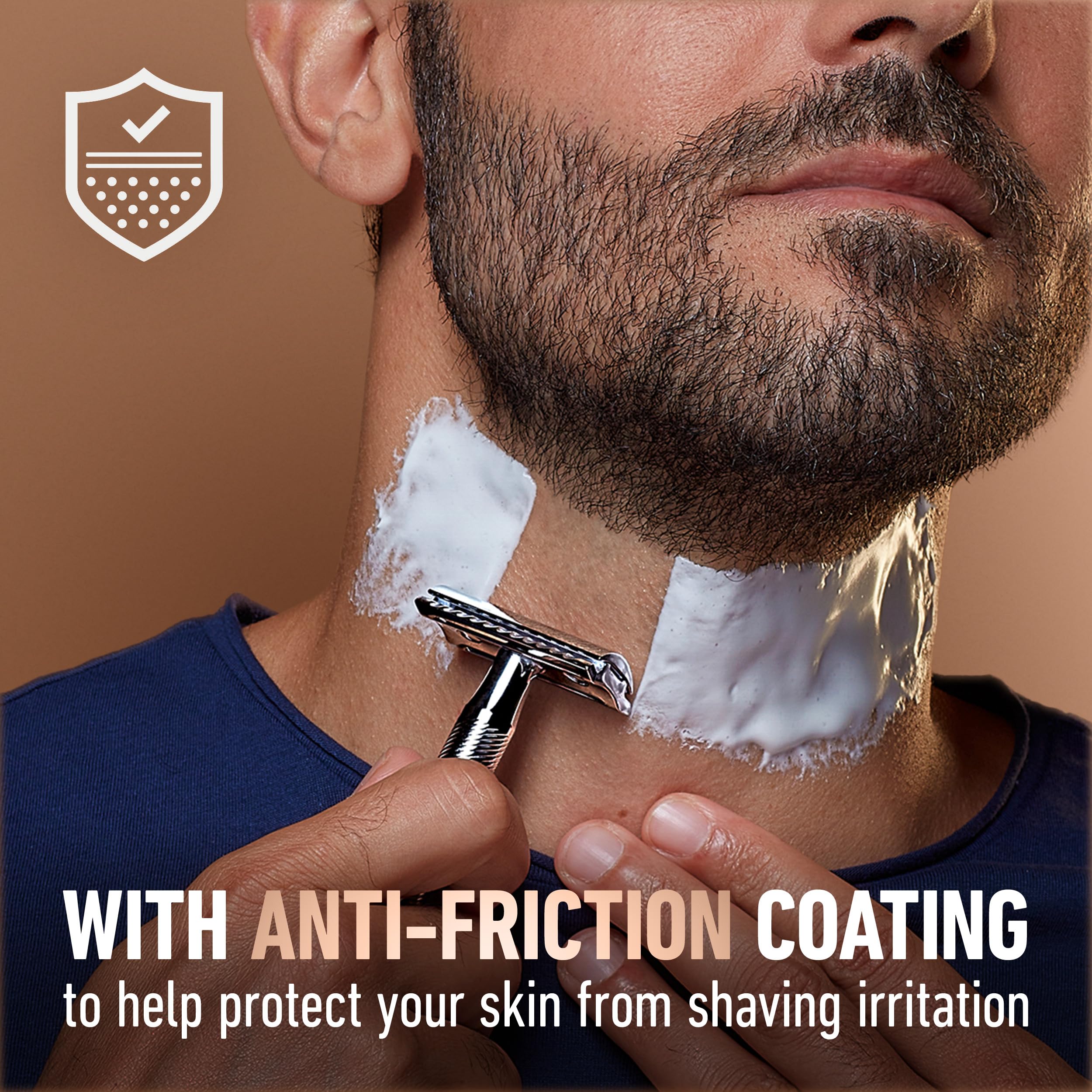 Anti-friction coating on King C. Gillette blades reduces tugging for comfortable shaving.