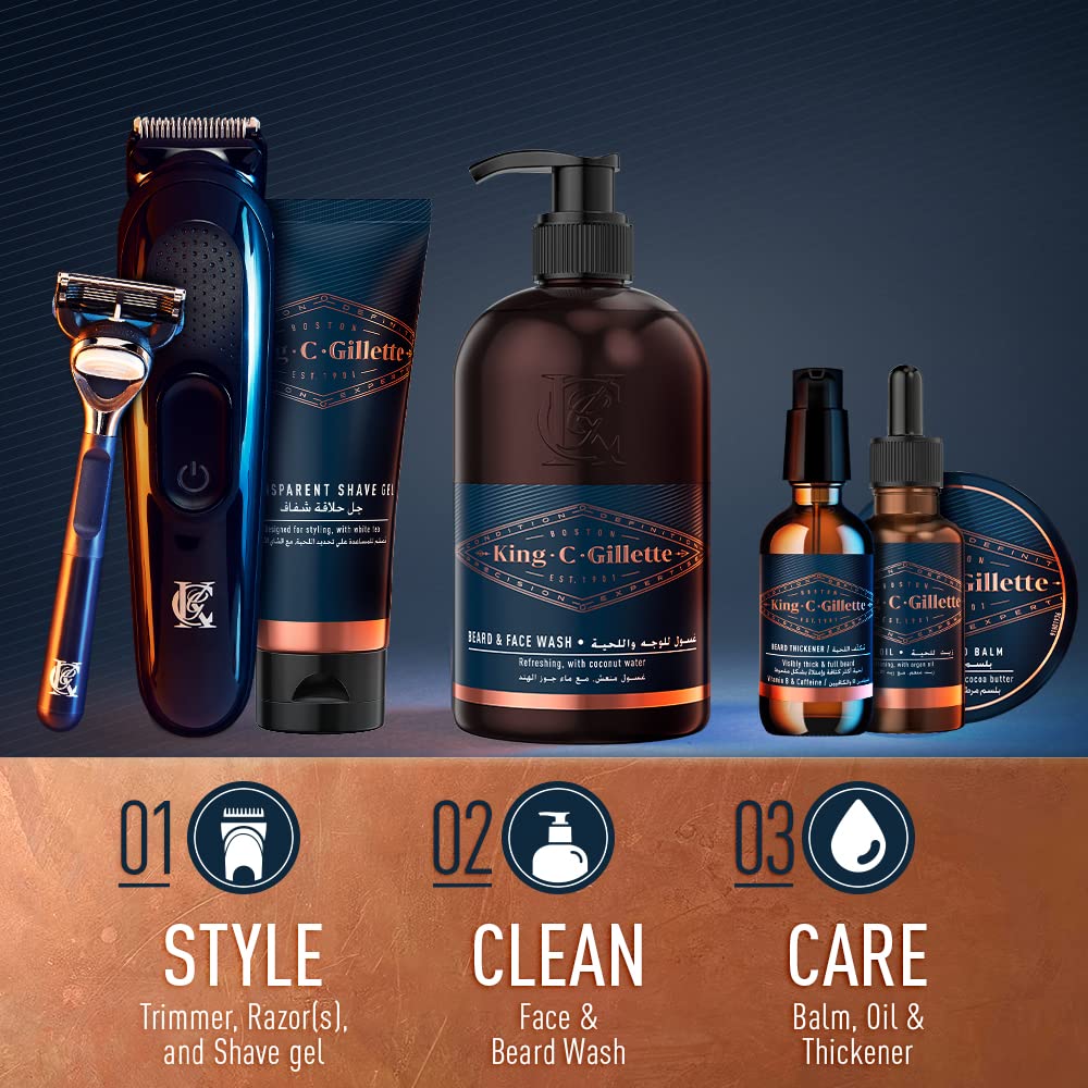 King C. Gillette beard-edge grooming scenario with clean rinse.