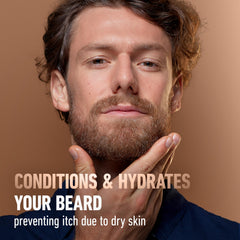 Almond oil blend close-up focuses on conditioning for a smooth beard.