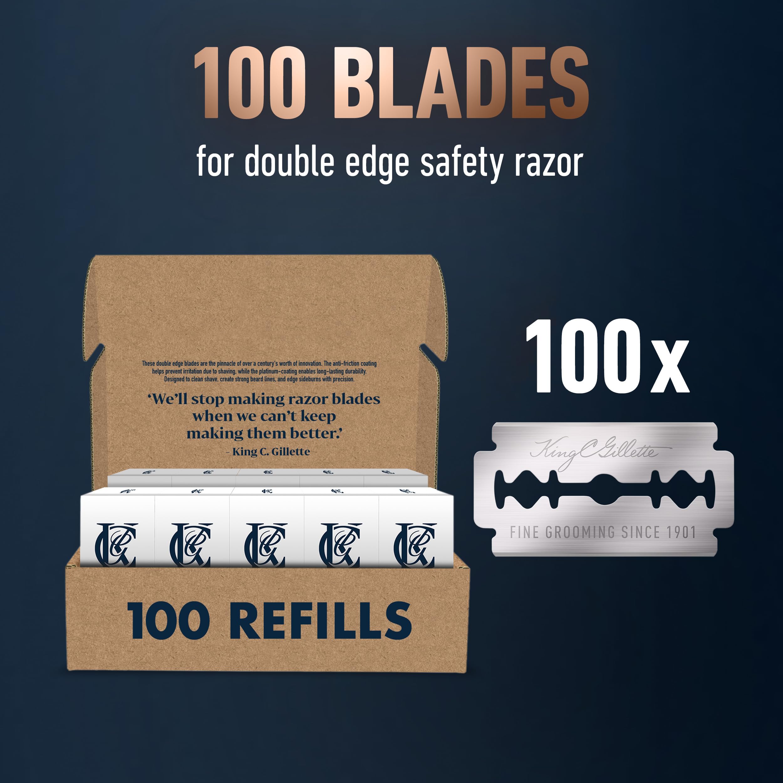 King C. Gillette box front showing 100 blades value.