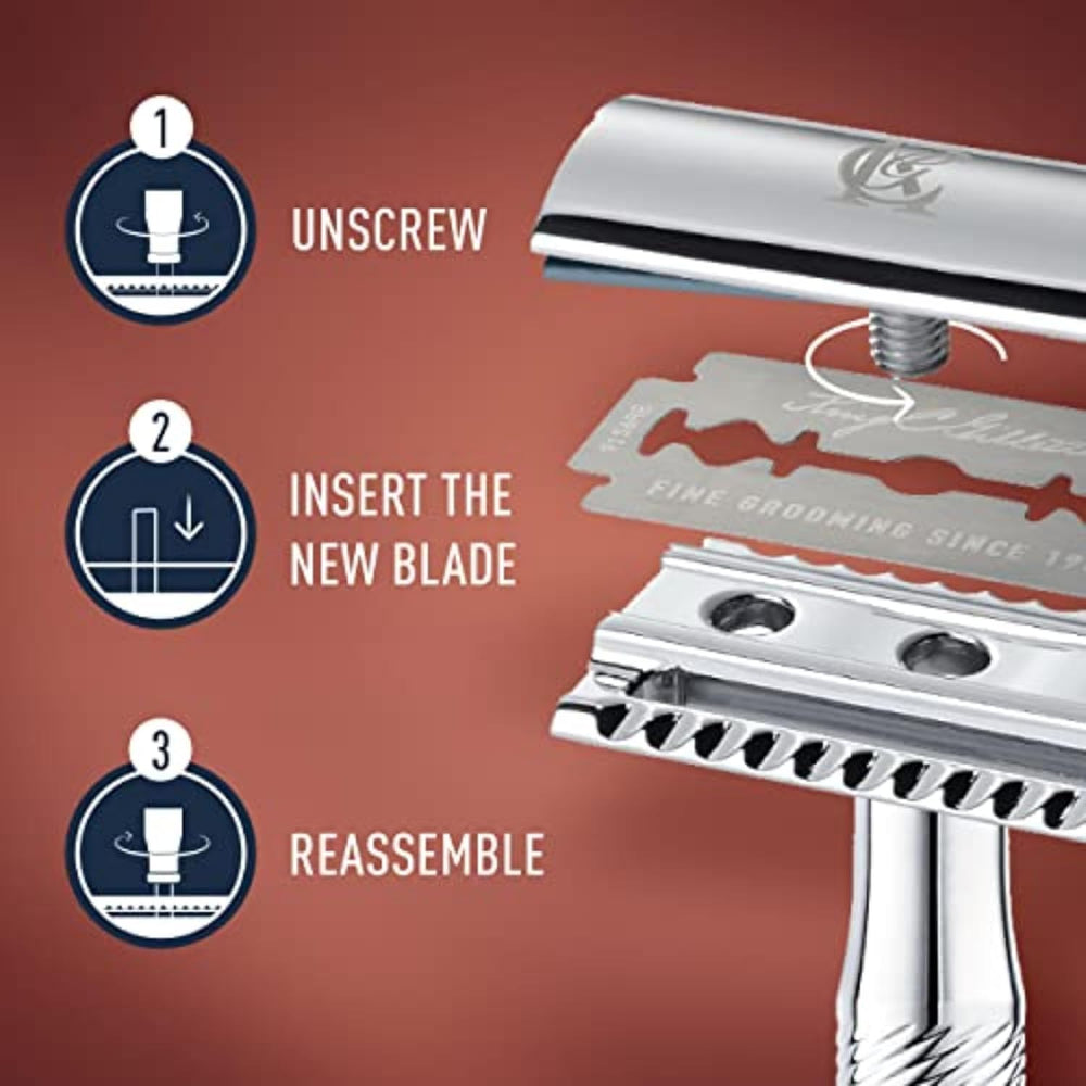 Easy blade replacement demonstrated on King C. Gillette double-edge razor.