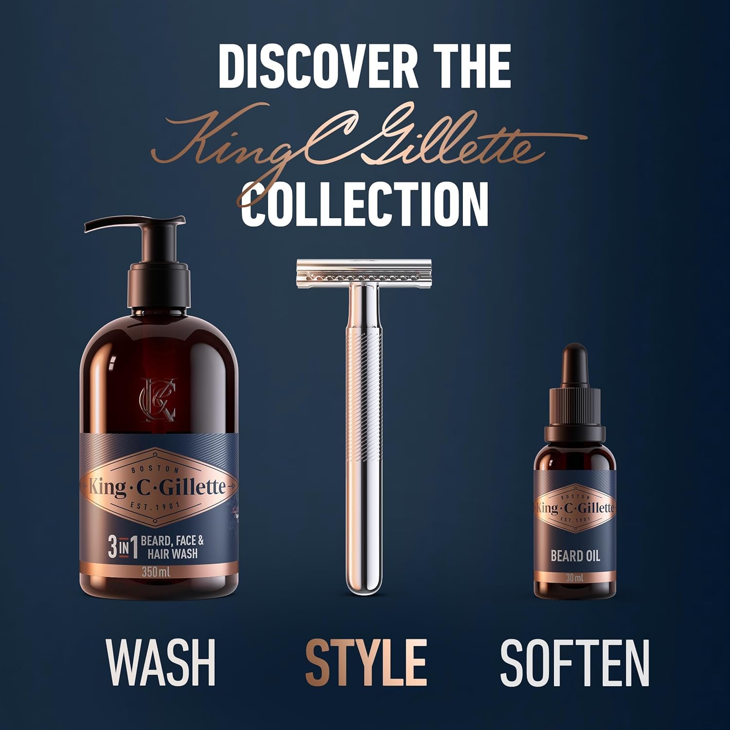 King C. Gillette morning routine image featuring platinum-coated blades for a clean shave