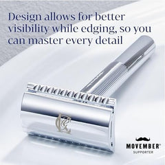 Close-up of platinum-coated King C. Gillette blades emphasising durability and glide.
