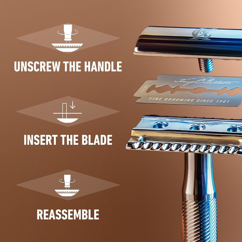 King C. Gillette stainless steel blades image suggesting durability for daily use
