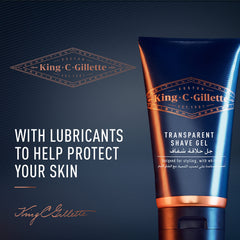 King C. Gillette clear gel with white tea and argan oil for skin protection.