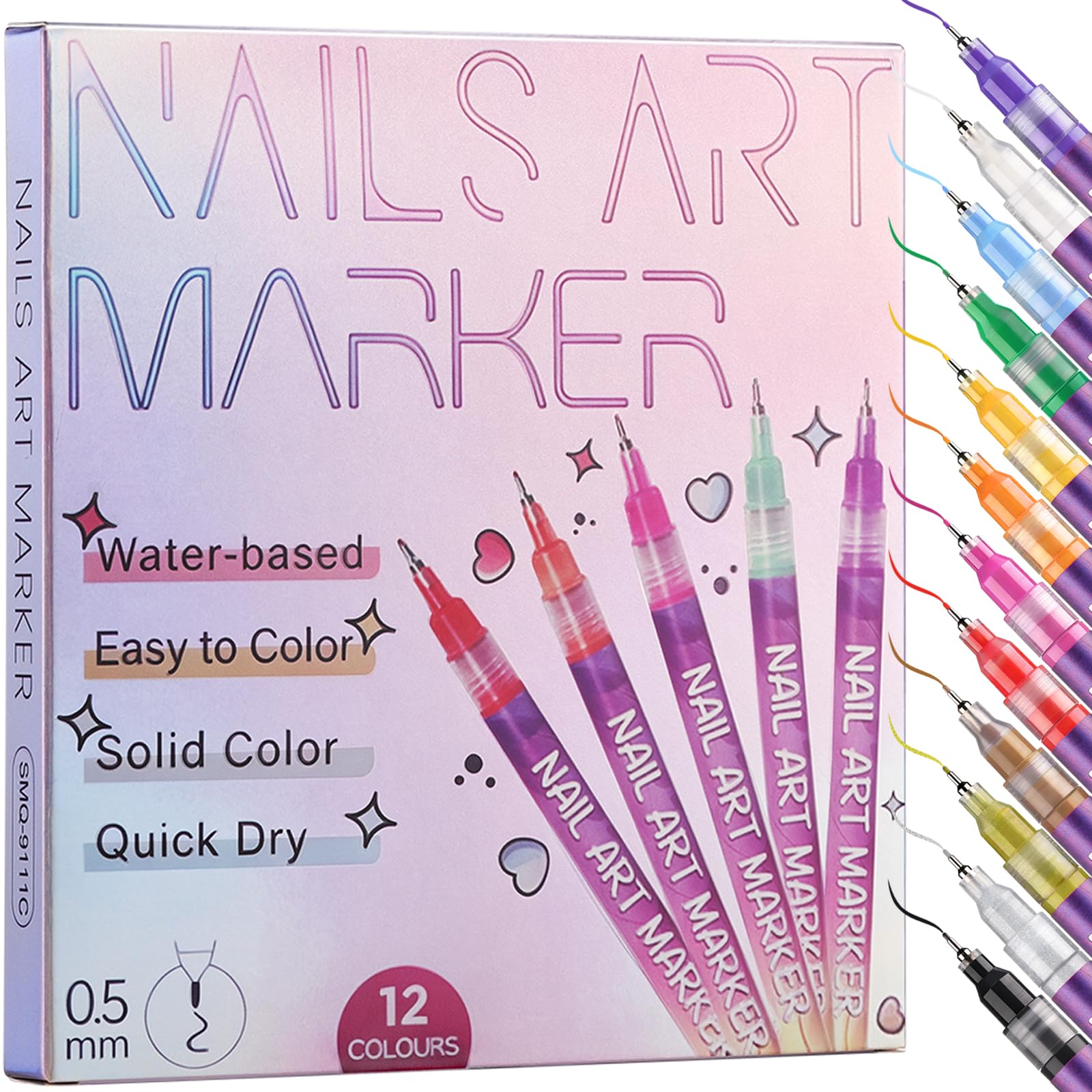 KINGMAS 12-color nail art pens close-up cap and tip for precise designs.