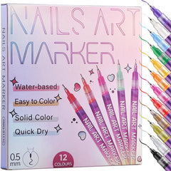 KINGMAS 12-color nail art pens close-up cap and tip for precise designs.