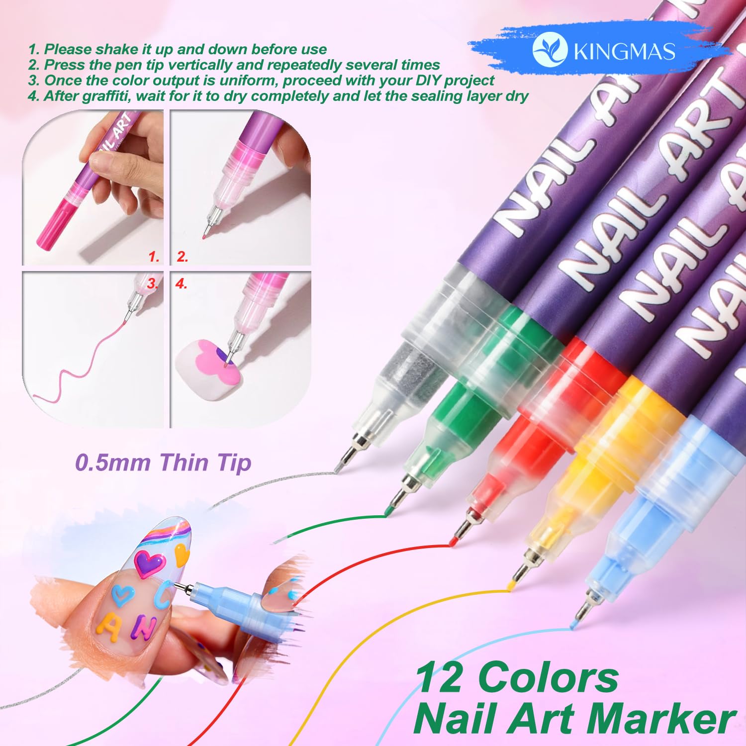 KINGMAS 12-color set displays vibrant colors for creative nail decorations.