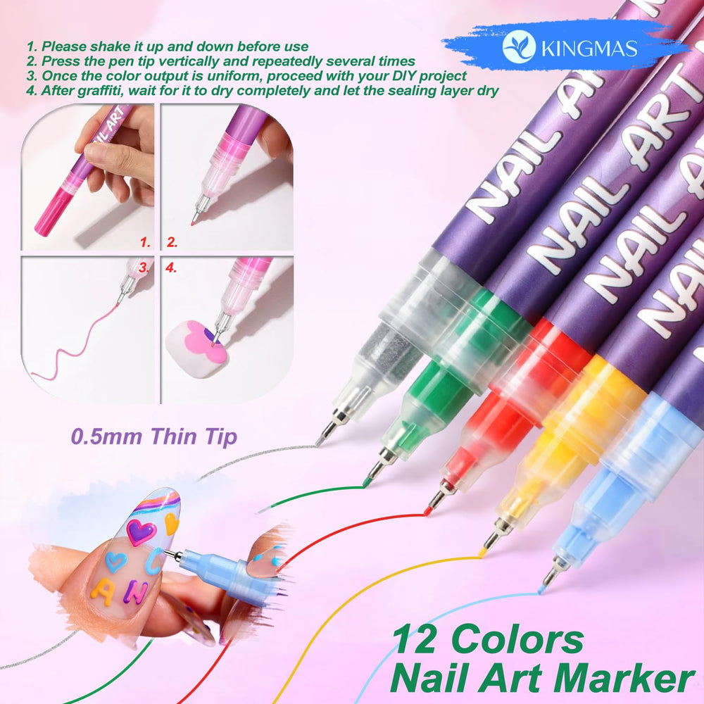 KINGMAS 12-color set displays vibrant colors for creative nail decorations.