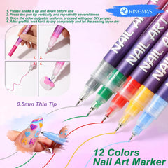 KINGMAS 12-color set displays vibrant colors for creative nail decorations.