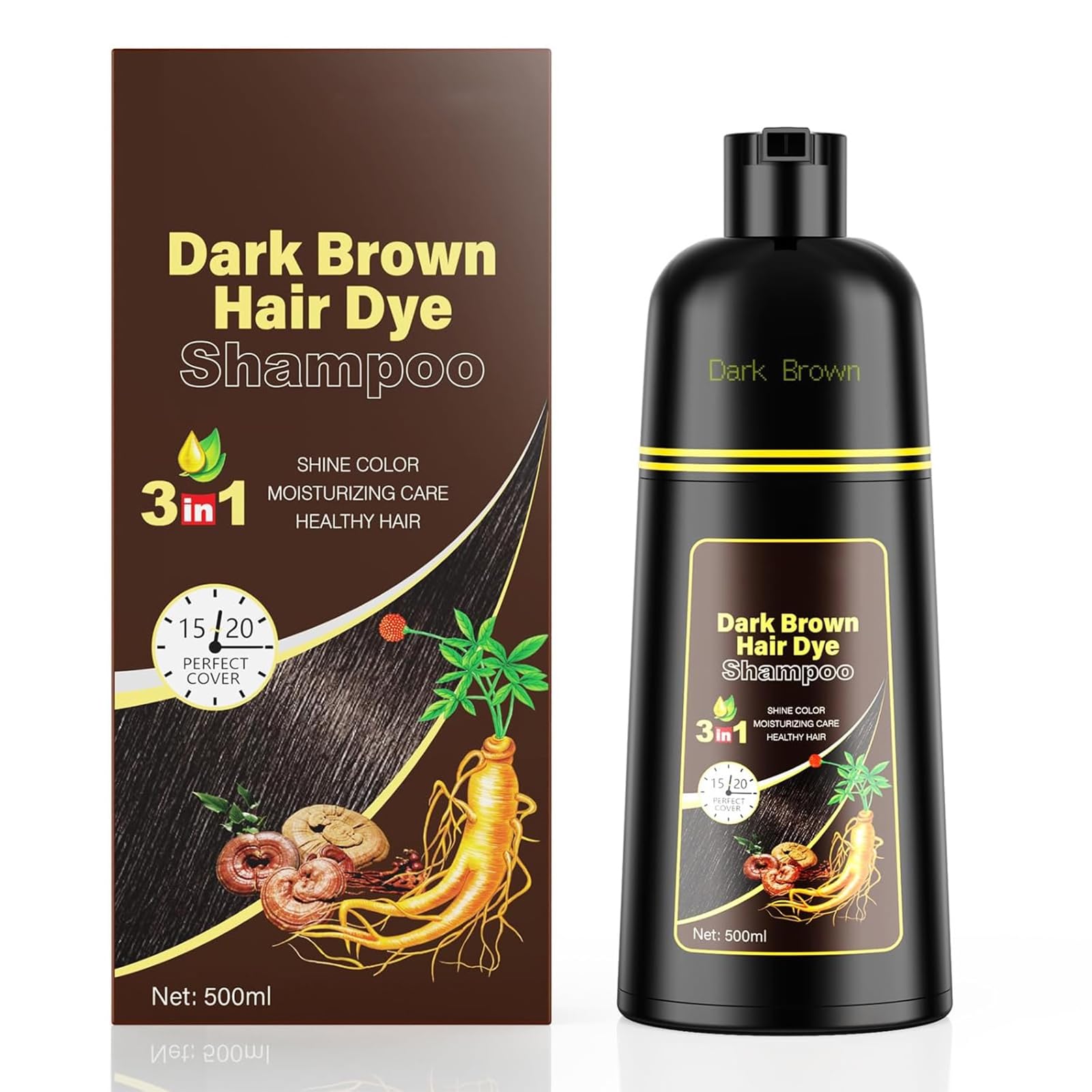 KINGMING champú tintura marrón oscuro 3 en 1, cobertura de canas rápida para casa.