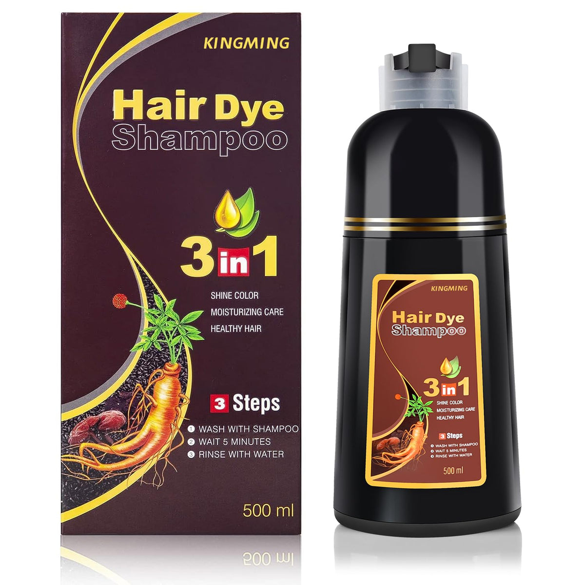 KINGMING champú tinte canas marrón oscuro, cobertura total para un acabado natural.