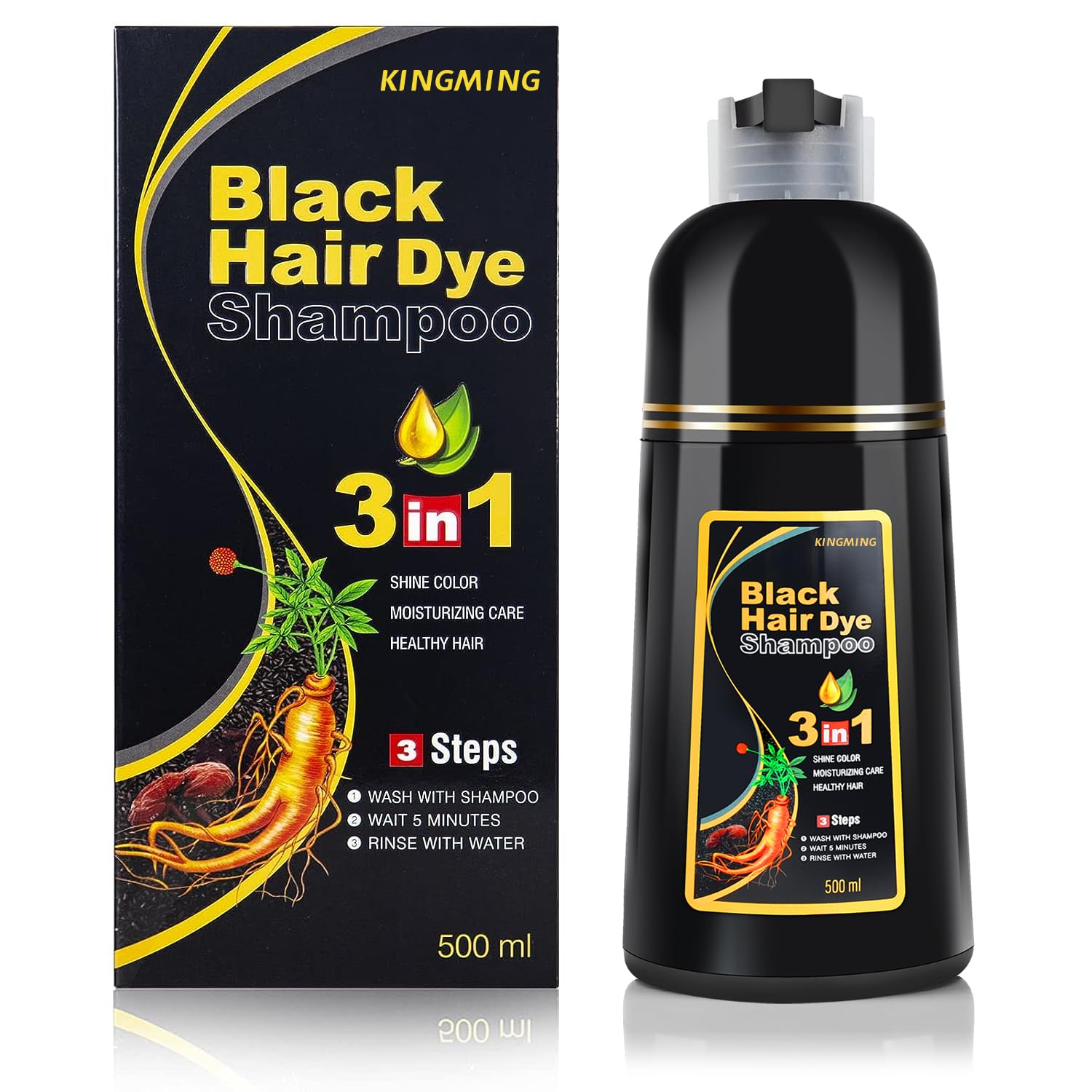 KINGMING Champú Tinte Negro para cubrir el cabello gris al 100% con resultado natural.