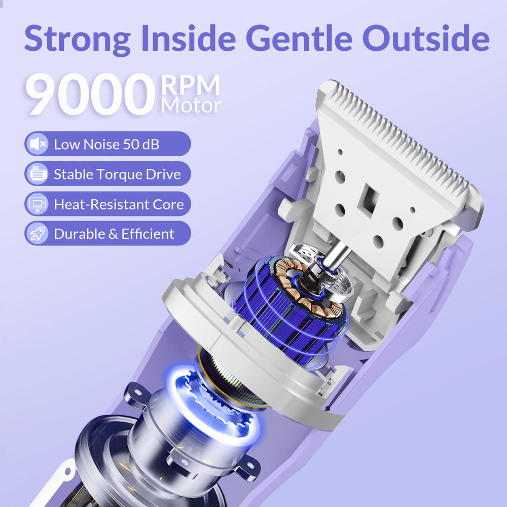 KINGTEE 5-in-1 bikini trimmer purple detachable heads enable versatile shaping.