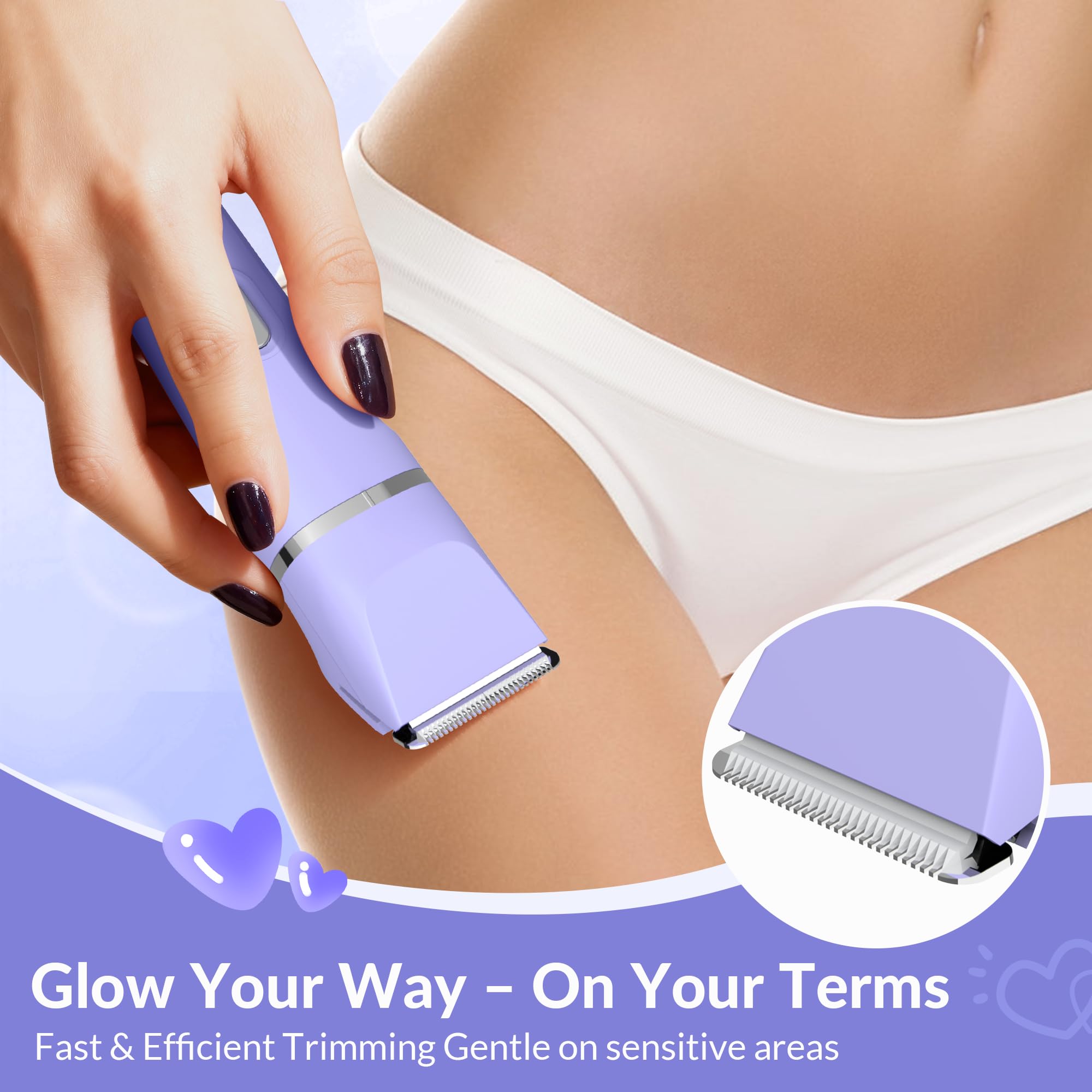 KINGTEE 5-in-1 bikini trimmer purple face head for precise detailing.