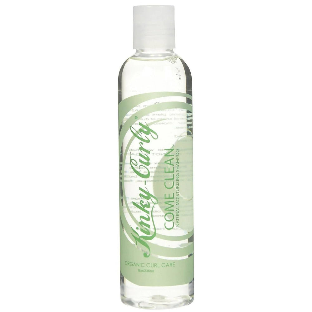 Kinky Curly Come Clean Shampoo bottle shown with citrus aroma for refreshing cleansing.