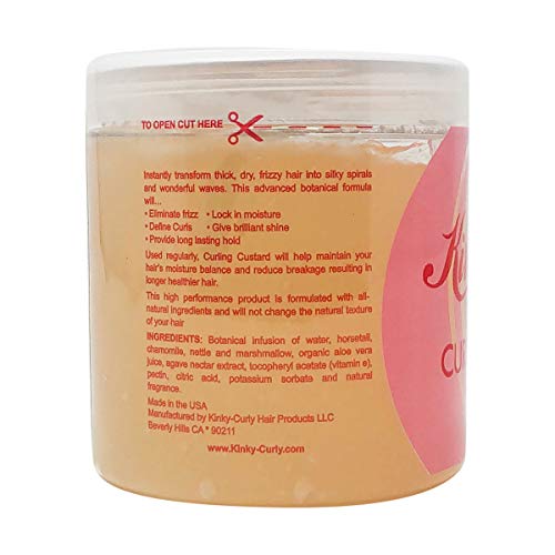 Kinky Curly Curl Custard Gel, enfoque en rizos definidos para un look duradero.