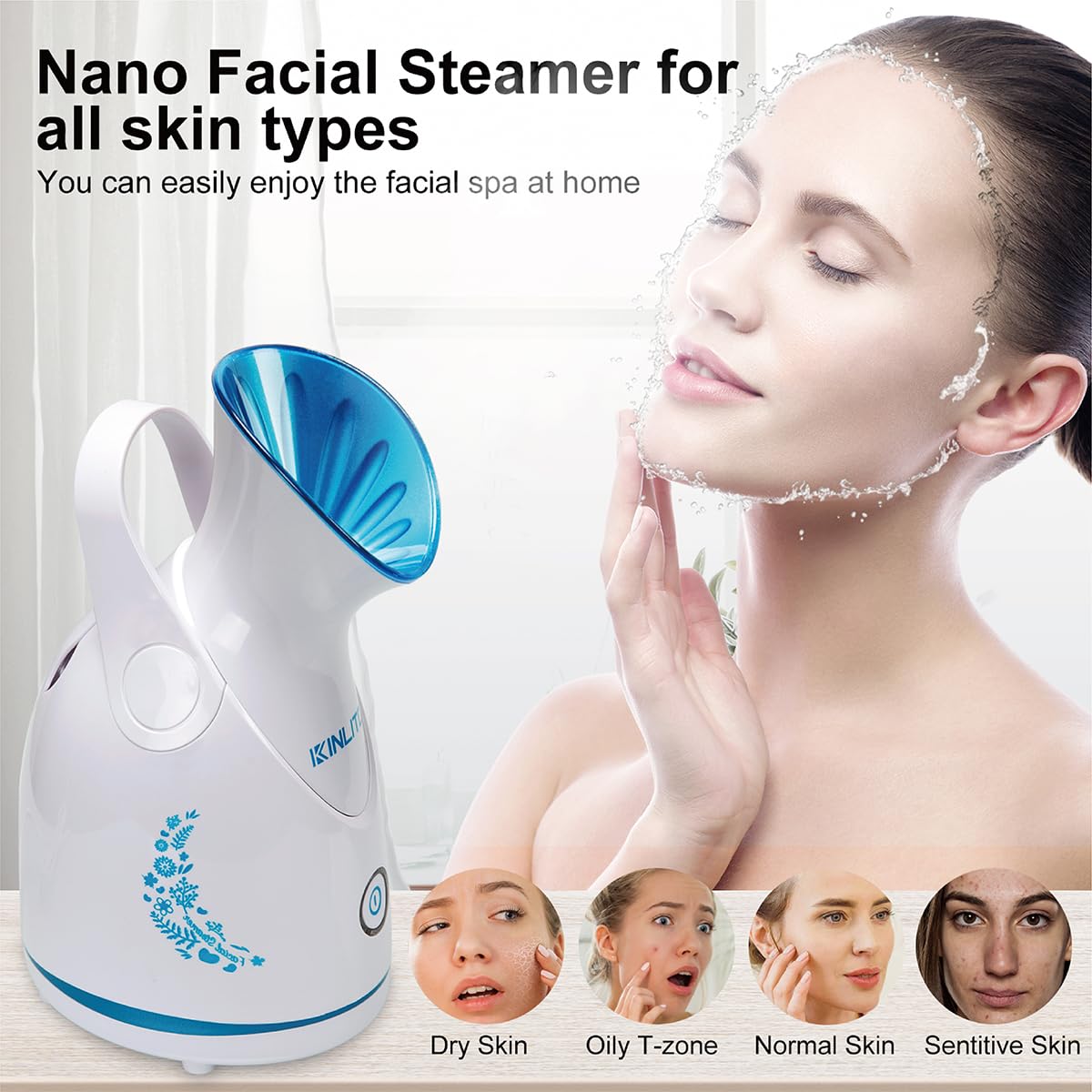 Kinlito facial steamer emits nano-ionic mist for deeper cleansing.