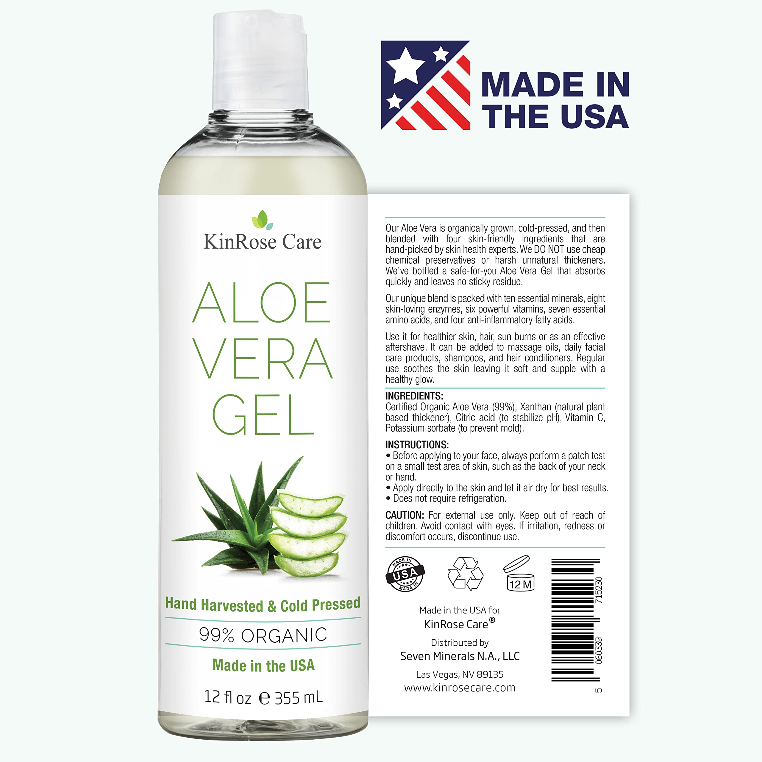 KinRose Care Aloe Orgánico, gel sin fragancia para uso diario facial y corporal.