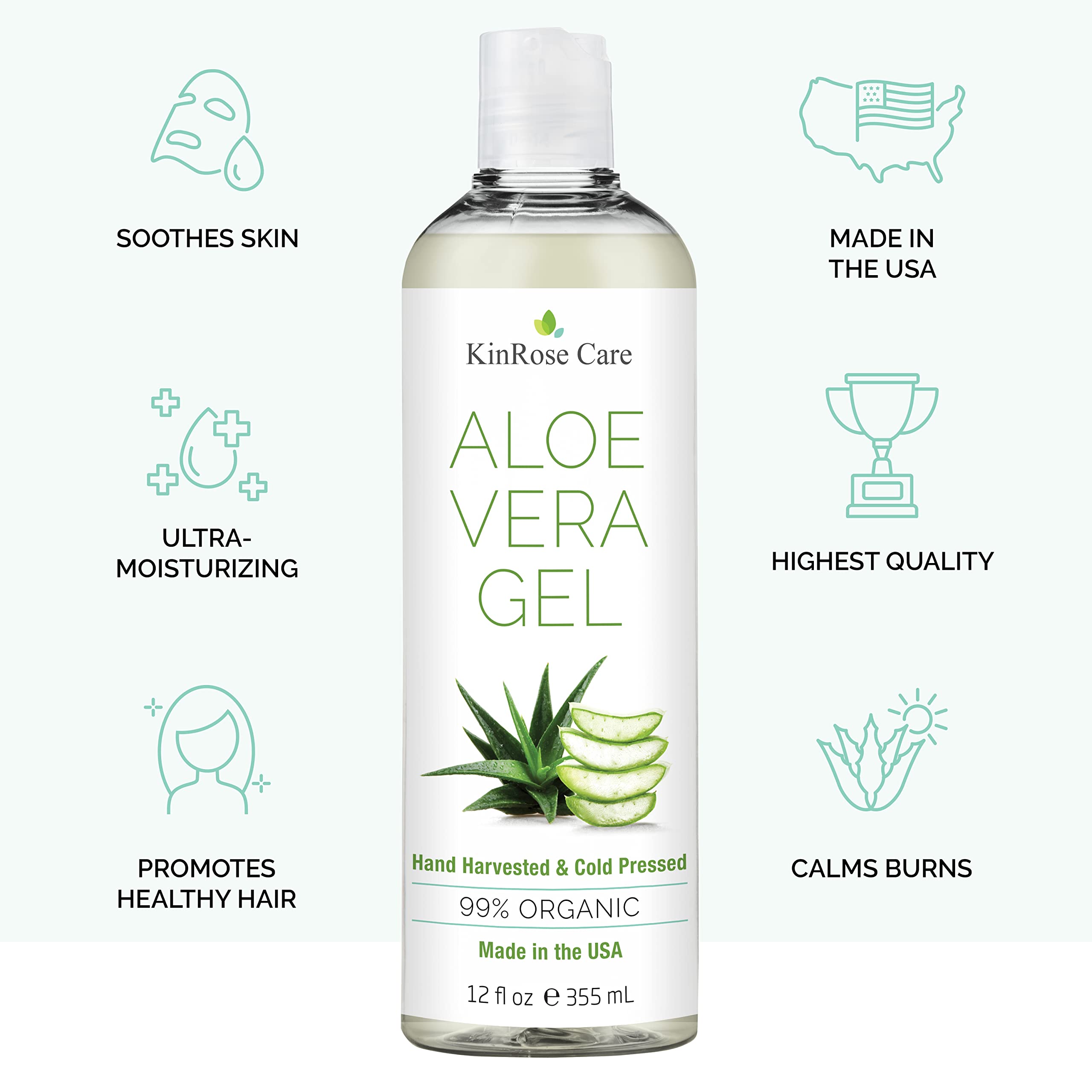 KinRose Care Aloe Orgánico, textura gel claro, alivia quemaduras solares leves.
