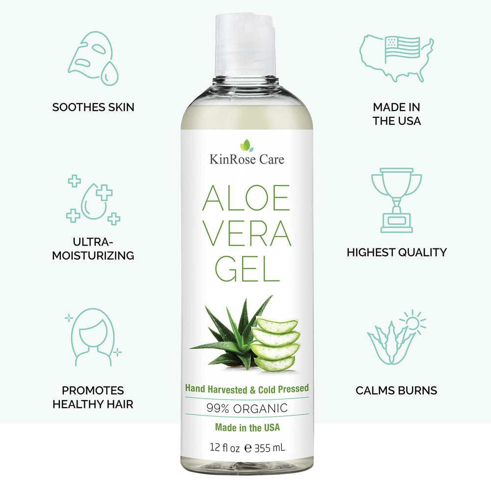 KinRose Care Aloe Orgánico, textura gel claro, alivia quemaduras solares leves.