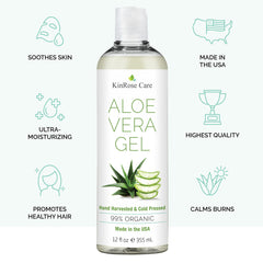 KinRose Care Aloe Orgánico, textura gel claro, alivia quemaduras solares leves.